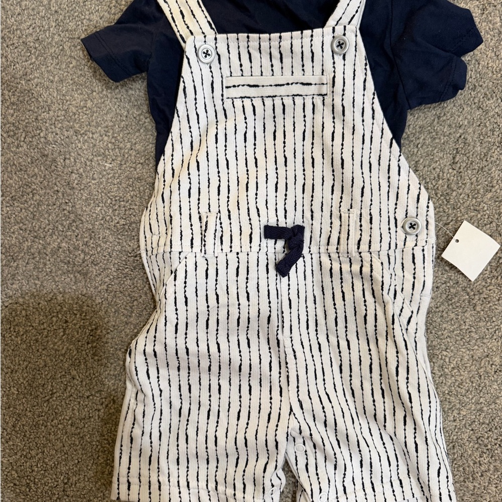 First Impressions White and Navy Striped Overalls